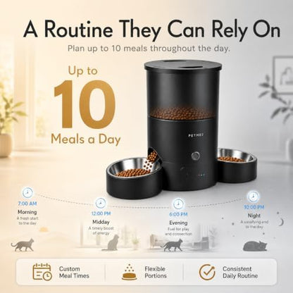 3L Cat Treat Dispenser with Dual Stainless Steel Cat Bowls - Quiet Automatic Cat Feeder for 2 Cats with App Control, 2 Way Audio, Dual Power Options, Self-Feeding Cat Food Dispenser - Black - Image 5
