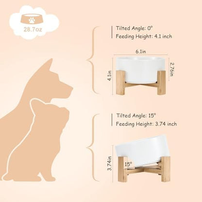 SPUNKYJUNKY 15° Slanted Ceramic Dog and Cat Bowl with Wooden Stand, Tilted Bulldog Food and Water Bowl No Slip Non-Spill for Cats Medium Dogs Big Face Pets 28.7 OZ (3.6 Cups, White) - Image 4