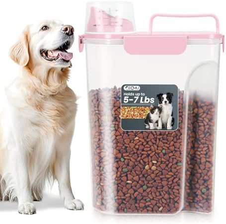 Dog Cat Food Storage Container with Cup (Pink, 5L) by ODOMU