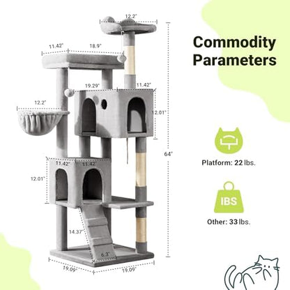 Allewie 64 Inches Multi-Level Cat Tree Tower for Indoor Cats, Grey - Image 6