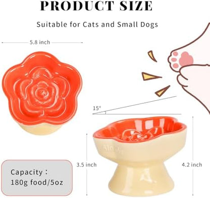S&Q's CERAMICS Raised Slow Feeder Cat Bowl, Ceramic Glass Elevated Pet Food Bowl Small Dogs Slow Feeder, Flower Shaped Cute Dish for Dry and Wet Food (Orange, 5.8") - Image 2