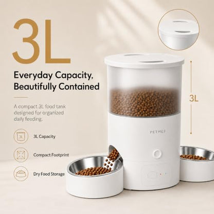 3L Dual Automatic Pet Feeder - Smart & Quiet Cat Automatic Feeders for 2 Cats with App Control, 2 Way Audio, Dual Power Options, Portion Control, Self-Feeding Cat Food Dispenser - White - Image 6