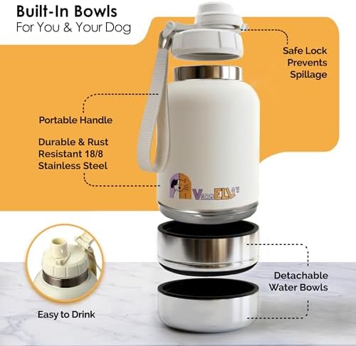 Dog Water Bottle Portable (32Oz) Double-Wall Insulated Stainless Steel with 2 Removable Bowls - Leak-Proof Dog Travel Water Bottle with One-Hand Open Lid for Walking, Hiking & Travel (White) - Image 3