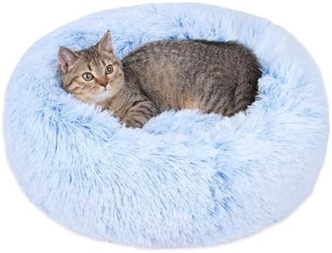 Cat Beds for Indoor Cats - Cat Bed Washable 20/24 inches, Dog Beds for Small Medium Dogs, Anti Anxiety Round Fluffy Plush Faux Fur Cat Bed, Thick Bottom (Cornflower Blue, Medium) by Unknown