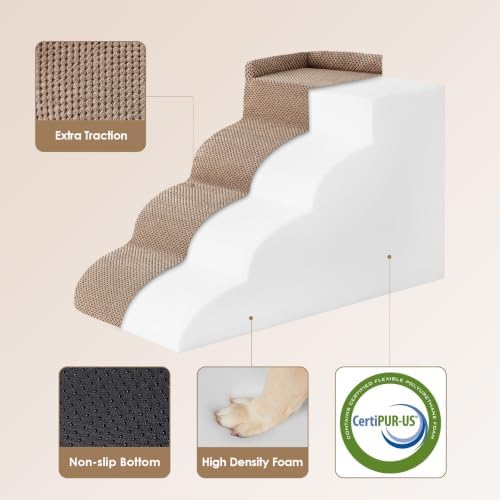 EHEYCIGA 5-Step Curved Dog Stairs for High Beds 20.7" H, Camel - Image 3