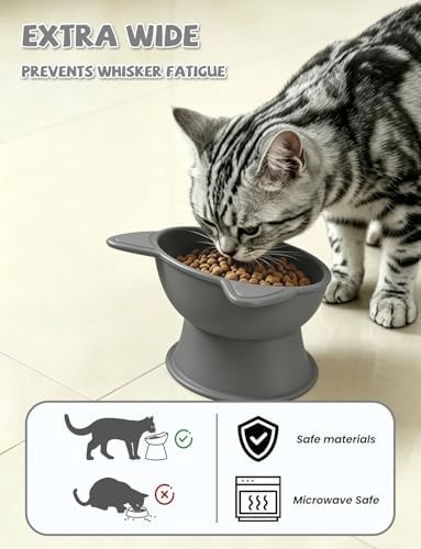 YINEYA Cat Bowls, Cat Food Bowl Elevated to Protect Neck & Anti-Vomit, Whisker-Friendly Raised Food & Water Bowls for Indoor Cats/Small Dogs, Cute Pet Feeding Bowl 6 OZ Each, Dishwasher Safe, Gray - Image 3