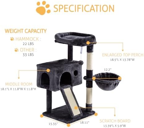 SHA CERLIN Cat Tree 36 Inches Cat Tower with Hammock, Sisal Scratching Post for Indoor Kittens, Small Room, Smoky Grey - Image 3