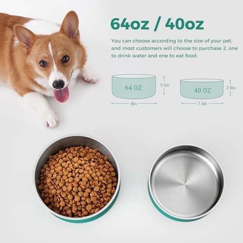 WENBOKMIN Dog Bowl, Stainless Steel Food and Water Bowl, 64oz, Deep Green | Non Slip Quiet Bottom, Easy to Clean, Dishwasher Safe - Image 2
