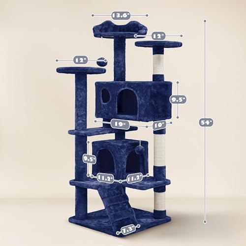 Yaheetech 54in Cat Tree Tower, 2 Caves, Kitten-Ear Perch & Scratching Posts - Image 3