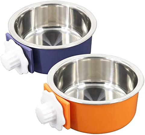 Dog Crate Bowl, Hanging Stainless Steel Removable Pet Crate Water & Food Bowls, Pet Cage Feeder Container Coop Cup for Cat Puppy Birds Rats Guinea Pigs Rabbit Hamster (2PCS) by QIYADIN