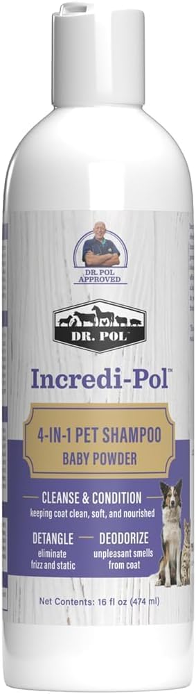 Dr. Pol Incredi-Pol 4-in-1 Pet Shampoo | Cleanse, Condition, Detangle & Deodorize | Luxurious Grooming for a Soft, Silky Coat | Baby Powder | 16 oz by DrPol