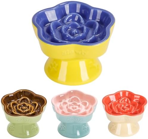 S&Q's CERAMICS Raised Slow Feeder Cat Bowl, Ceramic Elevated and Titled Pet Food Bowl, Small Dogs Slow Feeder, Flower Shaped Dish for Dry and Wet Food (Blue, 5.8") by SQsCeramics