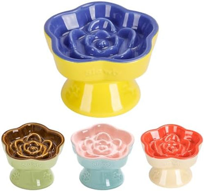 S&Q's CERAMICS Raised Slow Feeder Cat Bowl, Ceramic Elevated and Titled Pet Food Bowl, Small Dogs Slow Feeder, Flower Shaped Dish for Dry and Wet Food (Blue, 5.8") by SQsCeramics