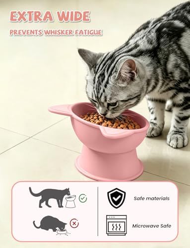 YINEYA Cat Bowls, Cat Food Bowl Elevated to Protect Neck & Anti-Vomit, Whisker-Friendly Raised Food & Water Bowls for Indoor Cats/Small Dogs, Cute Pet Feeding Bowl 6 OZ Each, Dishwasher Safe, Pink - Image 3