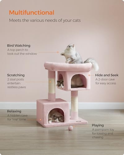Feandrea Cat Tree, 33.1-Inch Cute Cat Tower, Plush Kitten Condo, Jelly Pink - Image 4