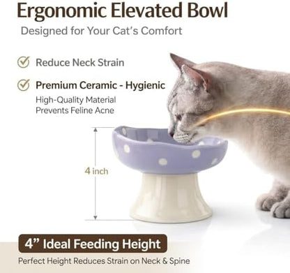 Elevated Ceramic Cat Bowls Set of 2, Mushroom Raised Wide & Shallow Cat Food and Water Bowls, Whisker Friendly Feeding Bowls for Cats & Small Dogs (Purple+Blue) - Image 2