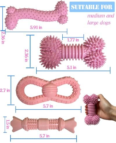 4 Pack Teething Toys Dog Durable Chew Toys Soft Rubber Toy Dog Teeth Cleaning Toothbrush Toy Cute Interactive Toys for Medium Large Breed(Medium,Pink) - Image 4
