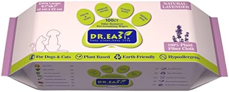 DR.EASY Odor Remover Pet Grooming Wipes 100Ct Lavender Plant Based Ingredients for Paws,Body,Nose &Bum Cleaning,Remove Dirt,Dander & Excess Hair with Soft and Thick Wipes,No Artificial Fragrance by DREASY