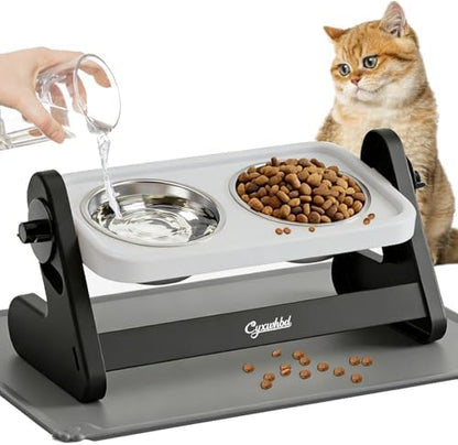 Elevated Cat Bowls with Food Mat, Light Grey by Unknown