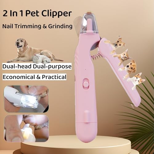 Quiet 2 in 1 Dog Nail Clippers & Cat Claw Trimmers,USB Rechargeable Claw Clippers for Small Medium Dogs and Cats,Cordless Safe Guard Nail Grinder with LED Lights Pink - Image 2