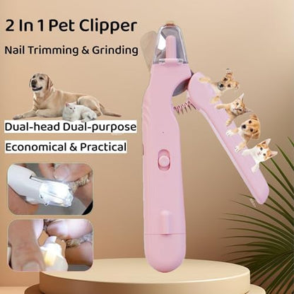 Quiet 2 in 1 Dog Nail Clippers & Cat Claw Trimmers,USB Rechargeable Claw Clippers for Small Medium Dogs and Cats,Cordless Safe Guard Nail Grinder with LED Lights Pink - Image 2