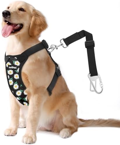 VavoPaw Dog Seat Belt, Safety Vest Dog Car Harness with Adjustable Buckle Dog Seat Belt for Vehicle Nylon Pet Safety Seat Belts Heavy Duty(L, Black Daisy) by VavoPaw