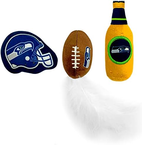 Best Plush CAT Toy - NFL Seattle Seahawks Complete Set of 3 Piece Cat Toys Filled with Fresh Catnip. Includes: 1 Helmet Cat Toy, 1 Football Cat Toy with Feathers & 1 Beer Bottle. Beautiful Team Logos - Image 6