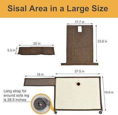 Upgraded Cat Scratch Furniture Protector,Cat Scratch Sofa Arm Sheild with 27.6’‘L*19.6’‘W Natural Sisal and Scratch Ball for Protecting Couch Sofa Chair Furniture (Brown/Left Handed) - Image 2