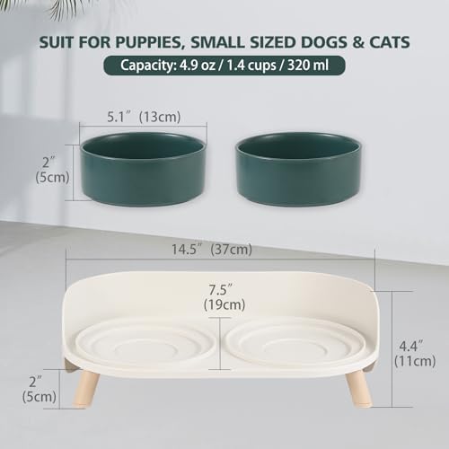 Raised Cat Food and Water Bowl Set - Elevated Ceramic Dishes with Non-Slip Stand and Splash Guard for Small Dogs - 2 x 320 ML (4.9 OZ) - Green - Image 2