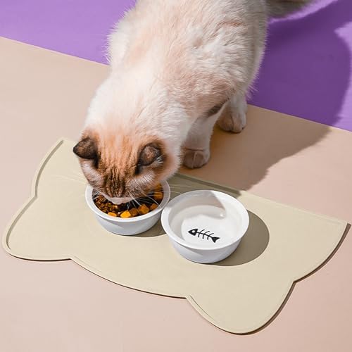 Cat Food Mat, Silicone Non Slip Dog Bowl Mat Waterproof Cat Feeding Mat Stop Food Spills and Water Messes Out to Floor Pet Food Mat (Beige, 20" x 12") - Image 2