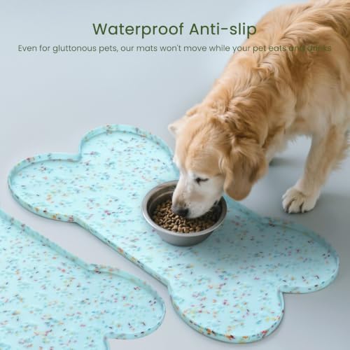 PWTAA Dog Food Mat Anti-Slip Silicone Dog Bowl Mat Thicker Pet Placemat Waterproof Cat Feeder Pad with Raised Edge Puppy Kitten Feeding Mats Suitable Small Medium-Sized Dogs Cats Eating Tray - 2PCS - Image 3