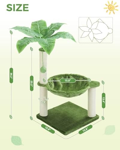 MUTTROS Small Cat Tree, 28" Cat Tower with Sisal Scratching Posts and Coconut Leaves for Indoor Small Cats, Large Hammock and Dangling Ball for Kittens, Green - Image 3