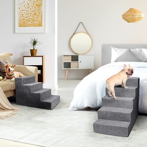 Heeyoo Dog Stairs for Small Dogs,5-Step Dog Steps for High Bed and Couch, High-Density Foam Pet Steps with Supporting Board, Non-Slip Removable Washable Cover, Grey