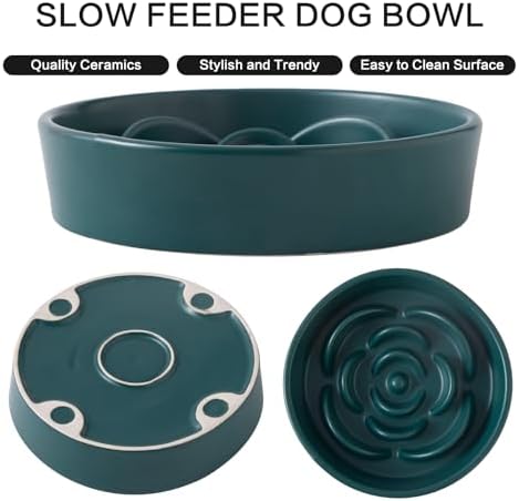 8.25'' Ceramic Slow Feeder Dog Bowls - Petal Shape Modern Dog Food Dish for Medium and Large Breeds, Puzzle Maze Bowl to Slow Down Eating, Anti-Gulping, Dishwasher & Microwave Safe, Green - Image 2