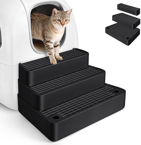 Extra Large 3 Steps Litter Box Ramp, Adjustable Cat Litter Box Step with Filter Function, Easy to Clean Cat Litter Stair Catcher for Elderly Cats and Kitten (Black) by Bartuke