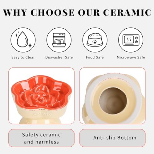 S&Q's CERAMICS Raised Slow Feeder Cat Bowl, Ceramic Glass Elevated Pet Food Bowl Small Dogs Slow Feeder, Flower Shaped Cute Dish for Dry and Wet Food (Orange, 5.8") - Image 4