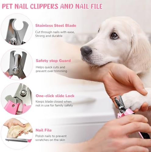 Dog Brush & Grooming Kit – 9-Piece Pet Brush & Deshedding Set for Shedding, Bathing, Trimming & Nail Care | Grooming Tools for Dogs & Cats, Includes Comb, Nail Clipper, Scissors, Slicker Brush (Pink) - Image 3
