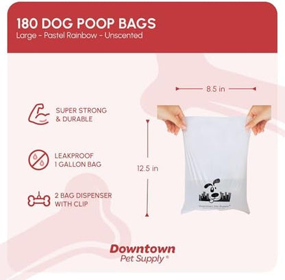 Downtown Pet Supply Unscented Poop Bags for Dogs with Dispenser, 180 Count - Leak-Proof Dog Waste Bags and Bone-Shaped Dog Poop Bags Holder for Leash - Pastel Rainbow, 12.5" x 8.5" - Image 2