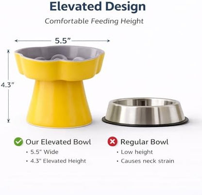 Ceramic Elevated Slow Feeder Cat Bowl, Raised and Gently Tilted Feeding Dish with Maze Design, Whisker-Friendly, Easy to Clean, for Indoor Cats and Small Dogs (Yellow/Purple) - Image 2