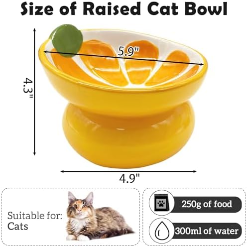 Hamiledyi Ceramic Raised Cat Bowls 15° Tilted Elevated Kitten Food Water Bowl Shallow Whisker Fatigue Kitty Dish Fruit Pet Feeding Bowls Feeder for Indoor Cats Small Dog (Yellow Orange) - Image 5