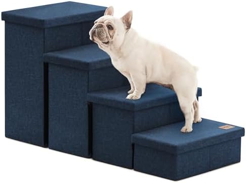 Love's cabin Dog Stairs for High Bed, Foldable Pet Stairs for Small Medium or Large Dogs Puppy with Storage for Bed or Couch, Cat Dog Steps Ramp with Zip up to 200 lbs, Navy Blue, 4 Steps by Lovescabin
