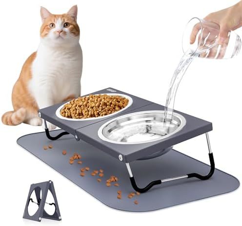 Upgraded Elevated Cat Bowls with Food Mat,10°Tilted Foldable Stand Anti Vomiting Raised Cat Dishes for Food and Water,2 Stainless Steel Bowls for Cats and Puppy(with Mat) by KMXASP