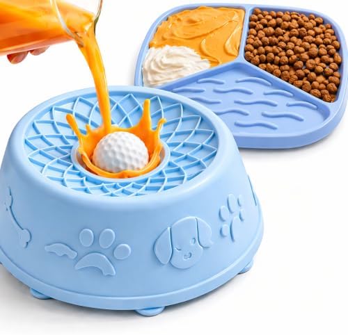 Slow Feeder Dog Bowls with Rolling Ball & Lick Mat for Dogs, Interactive Dog Enrichment Toy, Anti-Slip Puzzle Feeder for Yogurt, Bone Broth & Wet Food, Slow Eating Bowl for Small, Medium & Large Dogs by ALEENAENTERPRISESLLC
