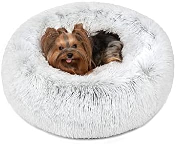 Friends Forever Donut Dog Bed Faux Fur Fluffy Calming Sofa For Small Dogs, Soft & Plush Anti Anxiety Pet Couch For Dogs, Machine Washable Coco Pet Bed with Non-Slip Bottom, 23"x23"x6" Ivory by FriendsForever