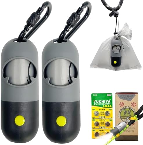 Dog Poop Bags Holder with LED Flashlight|Pet Waste Bags Dispenser for Leash|Doggie Potty Bags Container with Leak-proof Pet Trash Bags and Accessories (2 Holders 30 Bags, Grey and Black) by YUCHIYA
