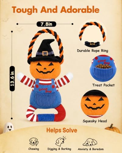 Swooflia Halloween Pumpkin Squeaky Plush Tug of War Dog Toy with Handle - Image 2
