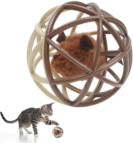 Squeaky Mouse Ball Cat Toy with Simulated Sound, Mouse Inside Cage, Squeky Balls for Cats to Play with Indoor, Squeak Interactive Plastic Funny Toys Best for Chewing Training Playing Chasing (Beige) by Marsrut