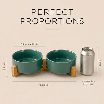 SPUNKYJUNKY Ceramic Dog and Cat Bowl Set with Wooden Stand, Modern Cute Weighted Food Water Set for Small Size Dogs (13.5OZ) & Medium Sized Dogs (28.7OZ) & Cats (1.7 Cups, 2 × Light Green) - Image 5