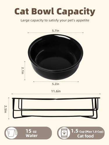 GDCZ Elevated 15 Oz Ceramic Double Cat Bowls with 11.6x2.5 Inch Stand (Black) - Image 2