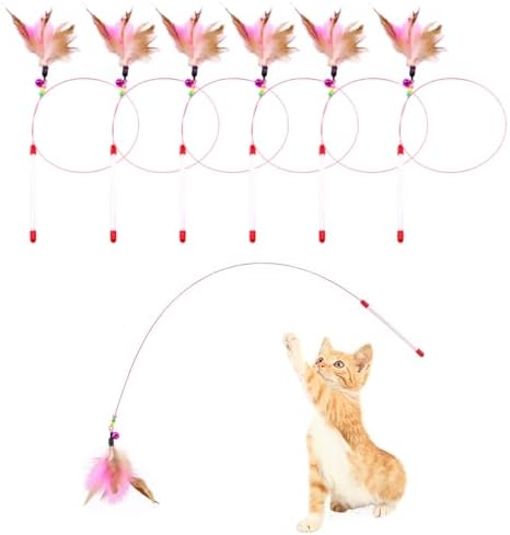 6 Pack Cat Feather Toy, Cat Toys Wand, Interactive Pet Cat Kitten Chaser Teaser Wire Wand with Bell Beads for Cat Exercise Play Fun Gifts - Wholesale by Unknown